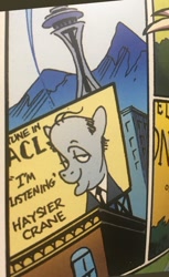 Size: 618x1011 | Tagged: safe, artist:andypriceart, idw, official comic, species:pony, andy you magnificent bastard, bald, cropped, frasier, frasier crane, kelsey grammer, male, ponified, seaddle, seattle, space needle, stallion