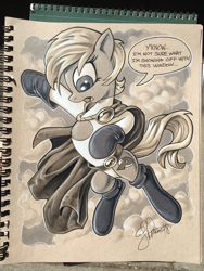Size: 1536x2048 | Tagged: safe, artist:andypriceart, species:earth pony, species:pony, andy you magnificent bastard, boob window, cape, clothing, female, grayscale, lampshade hanging, mare, monochrome, ponified, power girl, signature, solo, superhero, traditional art
