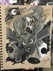 Size: 1536x2048 | Tagged: safe, artist:andypriceart, character:princess luna, character:tiberius, species:alicorn, species:pony, action pose, andy you magnificent bastard, crown, female, flag, helmet, hoof shoes, jewelry, looking at you, mare, monochrome, night guard armor, open mouth, opossum, regalia, spear, traditional art, weapon