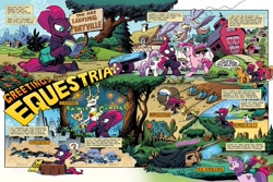 Size: 1536x1024 | Tagged: safe, artist:andypriceart, idw, official comic, character:applejack, character:big mcintosh, character:braeburn, character:bramble, character:chief thunderhooves, character:derpy hooves, character:king aspen, character:pinkie pie, character:sweetie belle, character:tempest shadow, species:buffalo, species:earth pony, species:pony, species:unicorn, appleloosa, background pony, barn, blues brothers, broken horn, car, car chase, chicoltgo, comic, dan aykroyd, dialogue, eye scar, female, horseolulu, john belushi, magnum p.i., male, mare, montage, new horseleans, observer (character), party cannon, ponyville, preview, scar, speech bubble, stallion, tom selleck, unnamed pony