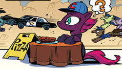 Size: 540x306 | Tagged: safe, artist:andypriceart, idw, official comic, character:tempest shadow, species:earth pony, species:pony, species:unicorn, baseball cap, blues brothers, bluesmobile, cap, car, chase, chicago, chicoltgo, clothing, cropped, cute, deep dish pizza, dodge (car), dodge monaco, female, food, hat, male, mare, pizza, police car, police pony, question mark, stallion, thought bubble, unnamed pony