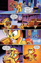 Size: 1073x1650 | Tagged: safe, artist:andypriceart, idw, official comic, character:megan williams, character:sunset shimmer, species:pony, species:unicorn, advertisement, andy you magnificent bastard, book, comic, evil dead, female, idw advertisement, library, mare, necronomicon, preview