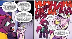 Size: 1265x688 | Tagged: source needed, useless source url, safe, artist:andypriceart, idw, official comic, character:princess cadance, character:tempest shadow, species:alicorn, species:pony, species:unicorn, armor, broken horn, cadance laughs at your misery, comic, cropped, dialogue, disgusted, eye scar, female, hoof shoes, implied flurry heart, laughing, mare, meme, mother of the year, pretty pretty tempest, raised hoof, scar, speech bubble, tomboy, tongue out, villain has a point