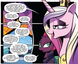 Size: 1226x1013 | Tagged: safe, artist:andypriceart, idw, official comic, character:princess cadance, character:tempest shadow, species:alicorn, species:pony, species:unicorn, armor, broken horn, cropped, dialogue, duo, eye scar, female, mare, princess of love, scar, speech bubble, stained glass, text, wall of text