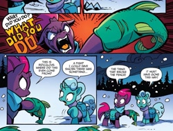 Size: 1257x953 | Tagged: safe, artist:andypriceart, idw, official comic, character:glitter drops, character:tempest shadow, species:pony, species:unicorn, actually salmon for once, angry, armor, broken horn, clothing, comic, cropped, dead, dialogue, eye scar, faec, failed attempt at drama, female, fish, mare, saddle bag, scar, scarf, speech bubble, x eyes, yelling