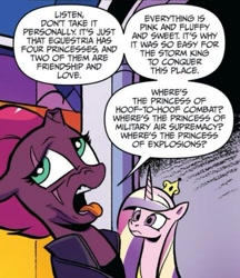 Size: 581x671 | Tagged: safe, artist:andypriceart, idw, official comic, character:princess cadance, character:tempest shadow, species:alicorn, species:pony, species:unicorn, broken horn, cropped, dialogue, disgusted, eye scar, female, mare, pretty pretty tempest, scar, speech bubble, tomboy, tongue out, villain has a point