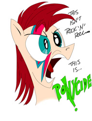 Size: 755x996 | Tagged: safe, anonymous artist, artist:andypriceart, artist:anonymous, edit, species:pony, aladdin sane, david bowie, open mouth, recolored, screaming, simple background, solo, text, white background