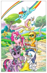Size: 600x927 | Tagged: safe, artist:andypriceart, character:angel bunny, character:applejack, character:fluttershy, character:gummy, character:opalescence, character:pinkie pie, character:rainbow dash, character:rarity, character:spike, character:twilight sparkle, species:bird, species:dragon, species:earth pony, species:pegasus, species:pony, species:unicorn, apple, blue jay, female, fence, food, mane seven, mane six, mare, mug, outdoors, robin, tree