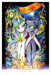 Size: 3900x5700 | Tagged: safe, artist:andypriceart, character:good king sombra, character:king sombra, character:princess celestia, species:alicorn, species:pony, species:unicorn, ship:celestibra, absurd resolution, always, crown, female, heart, hooves, jewelry, leaves, long hair, looking at each other, love, male, mare, moon, night, outdoors, rainbow hair, regalia, shipping, signature, smiling, stallion, straight, streetlight, tanabata, text, tree, walking