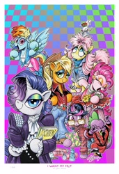 Size: 2600x3800 | Tagged: safe, artist:andypriceart, character:angel bunny, character:applejack, character:fluttershy, character:pinkie pie, character:rainbow dash, character:rarity, character:spike, character:twilight sparkle, character:twilight sparkle (alicorn), species:alicorn, species:dragon, species:earth pony, species:pegasus, species:pony, species:unicorn, 80's fashion, 80s, abstract background, air guitar, alternate hairstyle, applejack's hat, bangles, belt, belt buckle, big hair, binder, book, boots, bracelet, clothing, cowboy boots, cowboy hat, cyndi lauper, denim jacket, dress, ear piercing, earring, eyes closed, eyeshadow, female, fishnets, flower, glasses, hair spray, hairspray, hat, headband, jeans, jewelry, leg warmers, leotard, looking at you, makeup, male, mane six, mare, mohawk, necklace, olivia newton-john, pants, piercing, prince (musician), robe, ruffled shirt, safety pin, sequins, shampoo, shoes, shoulder pads, sunflower, sweatband, sweater, sweatpants, trapper keeper, turtleneck, weights, wristband