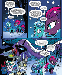 Size: 988x1204 | Tagged: safe, artist:andypriceart, idw, official comic, character:glitter drops, character:king sombra, character:nightmare rarity, character:princess celestia, character:princess luna, character:queen chrysalis, character:rarity, character:tempest shadow, species:draconequus, species:pony, species:unicorn, accord, antagonist, armor, broken horn, clothing, comic, cropped, dialogue, evil celestia, evil luna, evil sisters, eye scar, female, male, mare, saddle bag, scar, scarf, snow, speech bubble