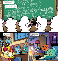 Size: 1060x1125 | Tagged: safe, artist:andypriceart, idw, official comic, character:glitter drops, character:spring rain, character:sunset shimmer, species:pony, species:unicorn, 42, bed, book, chalkboard, colt, comic, cropped, eyes closed, female, filly, hitchhiker's guide to the galaxy, magic mirror, male, night, observer (character), pennant, professor snape, school, silhouette, sleeping, snoring, zzz