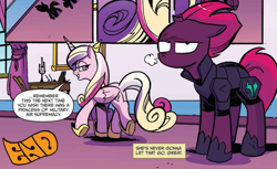 Size: 1089x668 | Tagged: safe, artist:andypriceart, idw, official comic, character:princess cadance, character:tempest shadow, species:alicorn, species:pony, species:unicorn, armor, broken horn, cropped, dialogue, duo, eye scar, eyeroll, female, floppy ears, mare, scar, snorting, speech bubble, the end