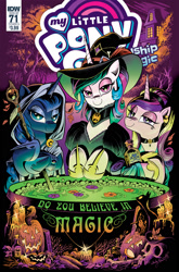 Size: 1186x1800 | Tagged: safe, artist:andypriceart, idw, character:princess cadance, character:princess celestia, character:princess luna, species:alicorn, species:pony, bedroom eyes, candle, cat, cauldron, clothing, do you believe in magic?, female, halloween, hat, holiday, hood, jack-o-lantern, looking at you, mare, my little pony logo, nightmare night, photo, pumpkin, skull, staff, trio, witch, witch hat