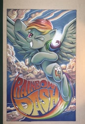 Size: 1412x2048 | Tagged: safe, artist:andypriceart, character:rainbow dash, species:pegasus, species:pony, female, flying, mare, name, one eye closed, solo, sun, traditional art, wink