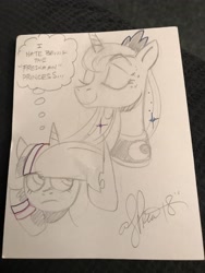 Size: 3024x4032 | Tagged: safe, artist:andypriceart, character:princess luna, character:twilight sparkle, species:alicorn, species:pony, andy you magnificent bastard, duo, female, freshman, grayscale, mare, monochrome, princess