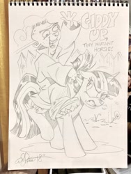 Size: 1536x2048 | Tagged: safe, artist:andypriceart, character:twilight sparkle, species:human, species:pony, crossover, duo, ed, ed edd n eddy, female, grayscale, humans riding ponies, male, mare, monochrome, riding, traditional art, twilight is not amused, unamused