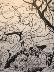 Size: 1536x2048 | Tagged: safe, artist:andypriceart, character:nightmare moon, character:princess luna, species:pony, cake, candy bag, food, halloween, holiday, jack skellington, jack-o-lantern, ponified, pumpkin, traditional art, wip