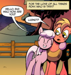 Size: 285x299 | Tagged: safe, artist:andypriceart, edit, editor:symphonic sync, idw, character:big mcintosh, character:cheerilee, comic, confused, cropped, dialogue, female, male, side hug, speech bubble, zen and the art of gazebo repair
