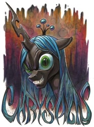 Size: 666x901 | Tagged: safe, artist:andypriceart, character:queen chrysalis, species:changeling, art is magic, changeling queen, female, metal as fuck, solo