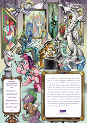 Size: 2550x3600 | Tagged: safe, artist:andypriceart, idw, character:applejack, character:derpy hooves, character:discord, character:dj pon-3, character:lyra heartstrings, character:nightmare moon, character:octavia melody, character:pinkie pie, character:princess celestia, character:princess luna, character:queen chrysalis, character:spike, character:vinyl scratch, character:zecora, species:alicorn, species:changeling, species:dragon, species:earth pony, species:pony, species:unicorn, species:zebra, american gothic, art, art is magic, art museum, beret, bow tie, bust, changeling queen, clothing, ear piercing, earring, easel, female, golden apple, hat, indiana jones, jack nicholson, jacket, jewelry, leg rings, magic, male, mare, mask, museum, neck rings, open mouth, paintbrush, painting, piercing, raiders of the lost ark, royal sisters, statue, statue discord, telekinesis, the joker, vandalism