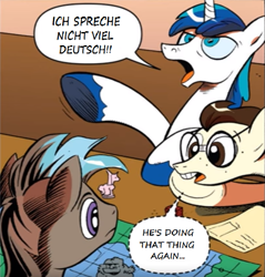 Size: 735x769 | Tagged: safe, artist:andypriceart, edit, editor:symphonic sync, idw, character:gizmo, character:shining armor, 8-bit (character), comics, german, neigh anything, translated in the comments