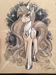 Size: 1536x2048 | Tagged: safe, artist:andypriceart, character:princess celestia, species:alicorn, species:pony, colored pencil drawing, female, hoof shoes, majestic, mare, marker drawing, monochrome, peytral, signature, smiling, solo, traditional art