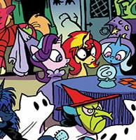 Size: 194x200 | Tagged: safe, artist:andypriceart, idw, character:big mcintosh, character:princess luna, character:starlight glimmer, character:sunset shimmer, character:trixie, species:pony, species:unicorn, comic, counterparts, cropped, female, magical trio, masked shimmer, peanuts, twilight's counterparts