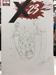 Size: 768x1024 | Tagged: safe, artist:andypriceart, character:pinkie pie, species:earth pony, species:pony, female, mare, solo, spork, traditional art, voice actor joke, wolverine