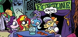 Size: 318x152 | Tagged: safe, artist:andypriceart, idw, official comic, character:big mcintosh, character:starlight glimmer, character:sunset shimmer, character:trixie, species:pony, species:unicorn, comic, counterparts, cropped, crystal ball, crystal ball (character), female, magical trio, masked shimmer, thought bubble, twilight's counterparts