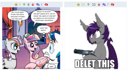 Size: 630x347 | Tagged: safe, artist:andypriceart, artist:replica, edit, editor:symphonic sync, idw, character:princess cadance, character:shining armor, character:twilight velvet, oc, oc:nolegs, species:bat pony, species:pony, derpibooru, ship:shiningcadance, bat pony oc, comics, delet this, dialogue, female, freudian slip, gun, juxtaposition, male, meme, meta, neigh anything, shipping, shutterstock, simple background, straight, weapon, white background