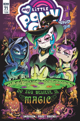 Size: 2063x3131 | Tagged: safe, artist:andypriceart, idw, character:princess cadance, character:princess celestia, character:princess luna, species:alicorn, species:bat, species:pony, bedroom eyes, candle, cat, cauldron, clothing, do you believe in magic?, female, halloween, hat, holiday, hood, hoof shoes, jack-o-lantern, looking at you, mare, moon, nightmare night, photo, pumpkin, skull, staff, top hat, trio, witch, witch hat