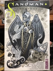 Size: 768x1024 | Tagged: safe, artist:andypriceart, character:princess luna, character:tiberius, species:alicorn, species:pony, andy you magnificent bastard, clothing, crossover, crown, dc comics, death, death of the endless, dream, dream of the endless, female, hat, hourglass, jewelry, male, mare, marker drawing, neil gaiman, one eye closed, opossum, regalia, the sandman (comic), top hat, traditional art, umbrella, wink