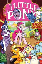 Size: 2008x3071 | Tagged: safe, artist:andypriceart, idw, character:applejack, character:fluttershy, character:pinkie pie, character:princess celestia, character:princess luna, character:rainbow dash, character:rarity, character:spike, character:twilight sparkle, species:earth pony, species:pegasus, species:pony, accord (arc), andy you magnificent bastard, animal (muppet), chaos theory (arc), cover, dexterous hooves, drums, female, fozzie bear, gonzo, hoof hold, kermit the frog, mane six, mare, miss piggy, musical instrument, parody, part the first: from chaos comes order, pie in the face, rowlf the dog, scooter (muppet), statler, statler and waldorf, the muppet show, the muppets, title drop, waka waka, waldorf