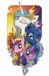 Size: 1040x1600 | Tagged: safe, artist:andypriceart, edit, character:princess cadance, character:princess celestia, character:princess luna, character:twilight sparkle, character:twilight sparkle (alicorn), species:alicorn, species:pony, alicorn tetrarchy, canterlot castle, comic, cover, cover art, crown, jewelry, regalia, simple background, white background