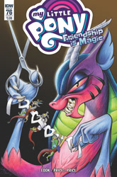 Size: 659x1000 | Tagged: safe, artist:andypriceart, idw, official comic, character:cosmos, character:discord, species:draconequus, cover, female, male, scissors