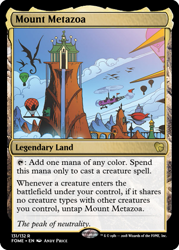 Size: 375x523 | Tagged: safe, artist:andypriceart, edit, idw, species:dragon, airship, ccg, hall of unity, hot air balloon, magic the gathering, mount metazoa, trading card, trading card edit, waterfall