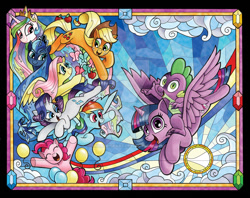 Size: 800x633 | Tagged: safe, artist:andypriceart, idw, character:applejack, character:fluttershy, character:pinkie pie, character:princess celestia, character:princess luna, character:rainbow dash, character:rarity, character:spike, character:twilight sparkle, character:twilight sparkle (alicorn), species:alicorn, species:pony, apple, balloon, butterfly, cloud, comic cover, deviantart watermark, flying, food, frame, gemstones, looking at each other, looking at you, mane seven, mane six, obtrusive watermark, rainbow, smiling, stained glass, sun, watermark, wrap around