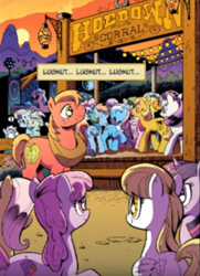 Size: 466x645 | Tagged: safe, artist:andypriceart, editor:symphonic sync, idw, official comic, character:berry punch, character:berryshine, character:big mcintosh, character:dj pon-3, character:fluttershy, character:lotus blossom, character:lyra heartstrings, character:minuette, character:pinkie pie, character:rainbow dash, character:rarity, character:twilight sparkle, character:vinyl scratch, species:earth pony, species:pegasus, species:pony, comics, female, male, mare, stallion, text box, zen and the art of gazebo repair