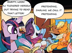 Size: 891x656 | Tagged: safe, artist:andypriceart, edit, editor:symphonic sync, idw, character:applejack, character:rainbow dash, character:rarity, character:twilight sparkle, character:twilight sparkle (alicorn), species:alicorn, species:pony, book, comics, illiteracy, quill