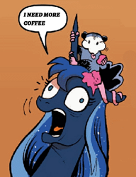Size: 1080x1408 | Tagged: safe, artist:andypriceart, edit, editor:apex soundwave, idw, character:princess luna, character:tiberius, species:alicorn, species:pony, cake, coffee, exploitable meme, faec, female, food, luna found the coffee, mare, meme, screaming, text, text edit