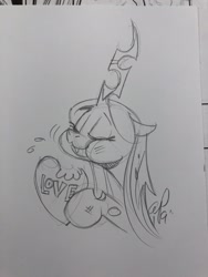 Size: 1536x2048 | Tagged: safe, artist:andypriceart, character:queen chrysalis, species:changeling, episode:hearts and hooves day, g4, my little pony: friendship is magic, black and white, changeling feeding, changeling queen, eating, eyes closed, female, grayscale, heart, holiday, monochrome, solo, traditional art, valentine's day