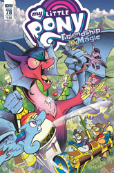 Size: 659x1000 | Tagged: safe, artist:andypriceart, idw, official comic, character:applejack, character:cosmos, character:discord, character:fluttershy, character:pinkie pie, character:rainbow dash, character:rarity, character:twilight sparkle, character:twilight sparkle (alicorn), species:alicorn, species:draconequus, species:earth pony, species:pegasus, species:pony, species:unicorn, comic, cover, female, fight, goggles, macro, male, mane six, mare, pedalcopter, ponies riding ponies, water balloon
