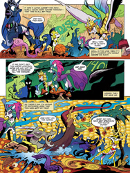 Size: 768x1024 | Tagged: safe, artist:andypriceart, idw, official comic, character:discord, character:king aspen, character:princess celestia, character:princess luna, character:queen novo, species:abyssinian, species:alicorn, species:anthro, species:classical hippogriff, species:deer, species:digitigrade anthro, species:draconequus, species:hippogriff, species:pony, my little pony: the movie (2017), abyssinian king, anthro with ponies, armor, basketball, chaos, comic, corn, dialogue, elements of harmony, female, food, male, mare, preview, royal guard, speech bubble, sports, stag, warrior, warrior celestia, warrior luna