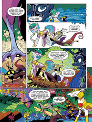 Size: 768x1024 | Tagged: safe, artist:andypriceart, idw, official comic, character:cosmos, character:discord, character:king aspen, character:princess celestia, character:princess luna, character:screwball, species:abyssinian, species:alicorn, species:anthro, species:classical hippogriff, species:digitigrade anthro, species:draconequus, species:hippogriff, species:pony, abyssinian king, anthro with ponies, armor, chaos, comic, dialogue, female, male, mare, preview, scared, speech bubble, stag, terrified, warrior, warrior celestia, warrior luna