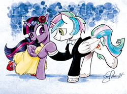 Size: 2840x2112 | Tagged: safe, artist:andypriceart, artist:koolfrood, character:twilight sparkle, character:twilight sparkle (alicorn), oc, oc:ian denney, species:alicorn, species:pony, alicorn oc, bow tie, clothing, colored sketch, crossover, dress, female, male, mare, shipping, stallion, tuxedo