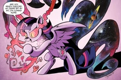 Size: 797x525 | Tagged: safe, artist:andypriceart, idw, character:cosmos, character:discord, character:twilight sparkle, character:twilight sparkle (alicorn), species:alicorn, species:pony, female, mare, planet, planetary ring, possessed, purple background, simple background