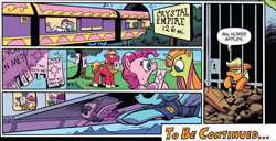 Size: 775x397 | Tagged: safe, artist:andypriceart, idw, character:apple bloom, character:applejack, character:big mcintosh, character:pinkie pie, character:rainbow dash, character:rarity, character:scootaloo, character:spike, character:sweetie belle, character:zecora, species:earth pony, species:pegasus, species:pony, species:unicorn, species:zebra, applejack's hat, background pony, book, cage, clothing, cowboy hat, cutie mark, cutie mark crusaders, dialogue, eyes closed, female, filly, floppy ears, flying, freckles, frown, hat, hoof hold, jail, keyhole, leaning, lidded eyes, male, mare, missing accessory, mouth hold, open mouth, plane, pointing, poster, raised eyebrow, reading, sign, sleeping, speech bubble, spread wings, stallion, stuck, sunglasses, sweetcream scoops, train, unamused, underhoof, uniform, wat, wide eyes, window, wings, zzz
