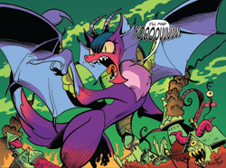 Size: 992x740 | Tagged: safe, artist:andypriceart, idw, official comic, character:cosmos, species:draconequus, angry, chaos, dialogue, fatal attraction, female, green sky, hips, nightmare fuel, sexy, solo, speech bubble, spread wings, wings