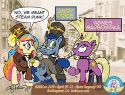 Size: 720x543 | Tagged: safe, artist:andypriceart, character:leadwing, oc, oc:agnes, ponysona, species:pony, agnes garbowska, andy price, babscon, clothing, dress, hat, mascot, punk, sepia, steampunk, suit, top hat, united states, wordplay